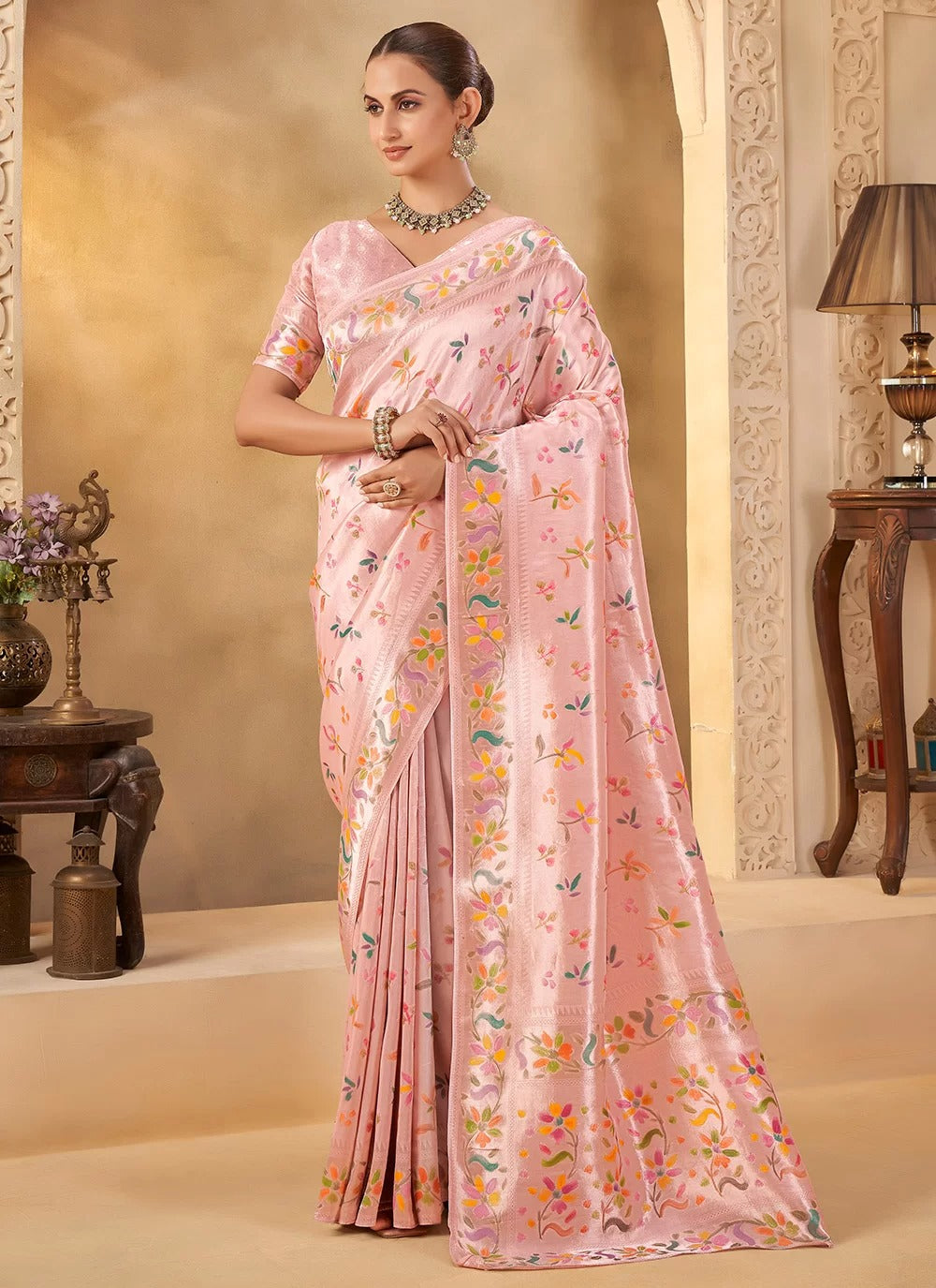 Soft Pink Designer Saree with Delicate Weave and Floral Motifs