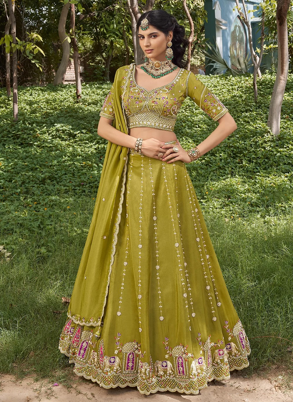 Elegant Mustard Green Tissue Lehenga Choli with Heavy Bead Work
