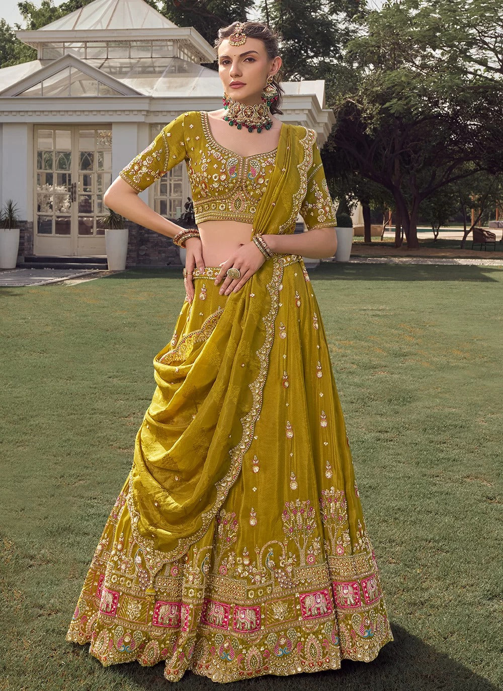 Regal Mustard Green Tissue Lehenga Choli with Heavy Bead Work