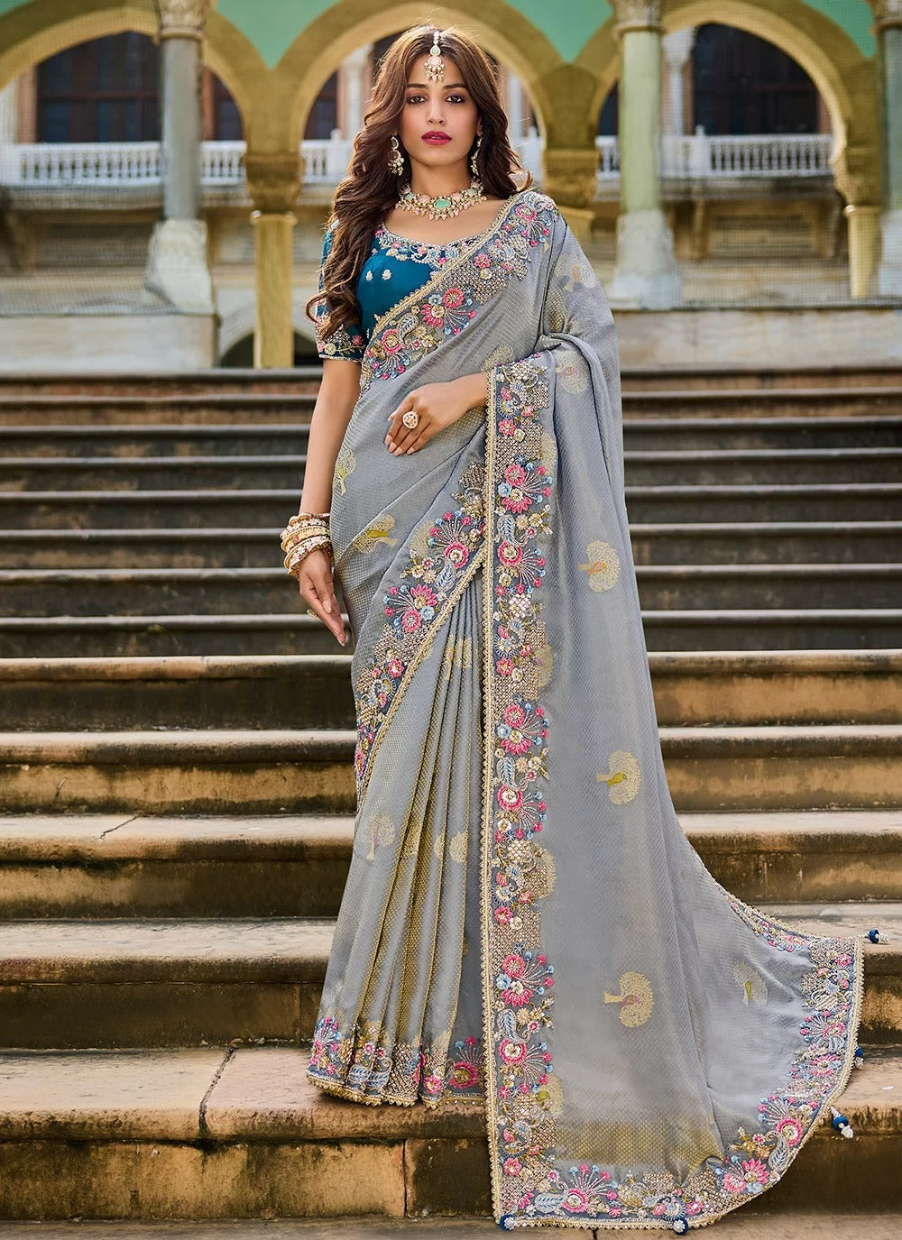 Designer Silk Saree for Wedding | Smokey Grey Embroidered Saree