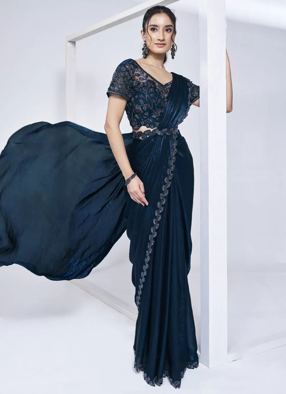 Designer ready to wear morpeach satin silk one-minute saree with handwork