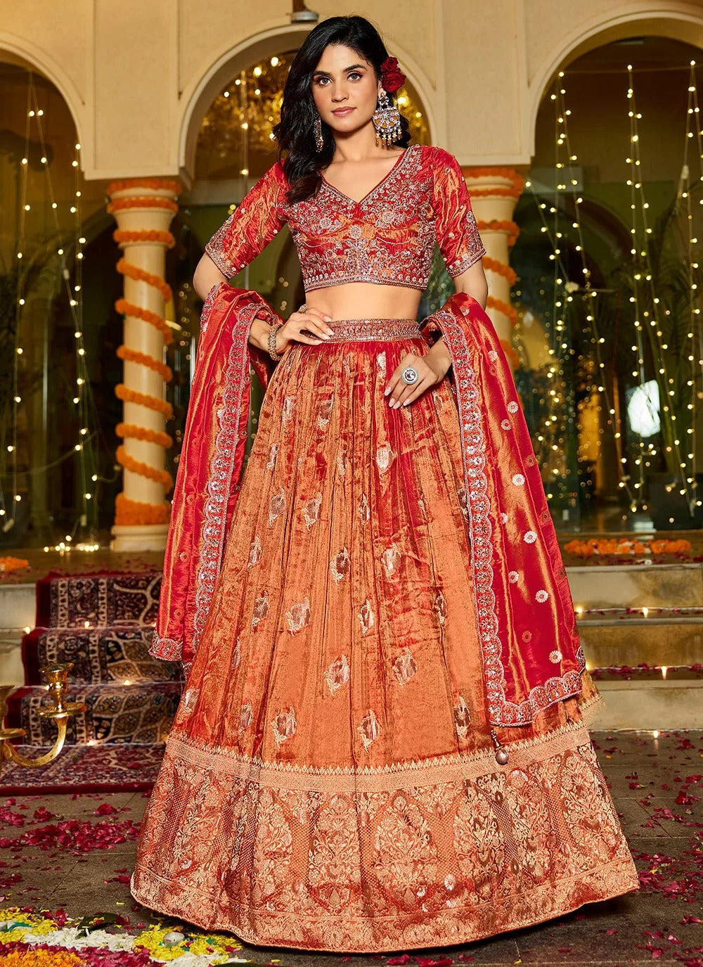 Rust Orange Tissue Lehenga Set with Rich Red Dupatta