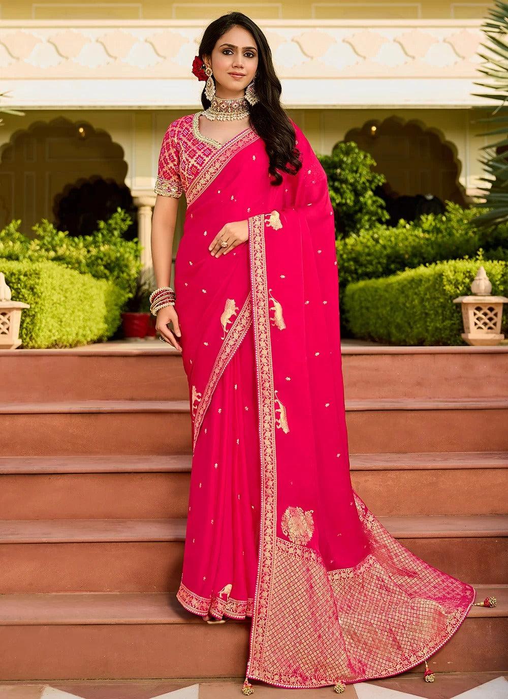 Designer Tissue Saree for Wedding | Bright Pink Embroidered Saree