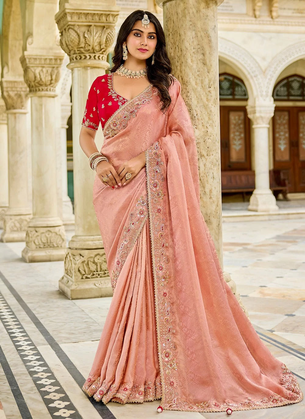 Peach & Red Designer Saree | Modern Ethnic Glamour for Festive Wear