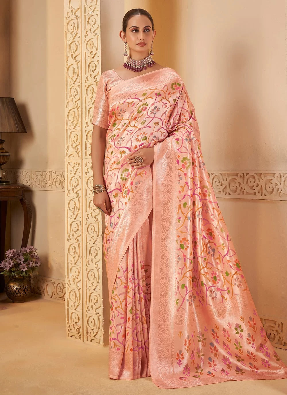 Graceful Peach Pink Mirracle Rangkat Saree with Floral Jaal Weaves