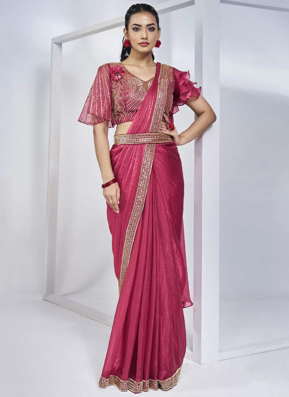 Designer ready to wear pink & rani satin silk saree with handwork