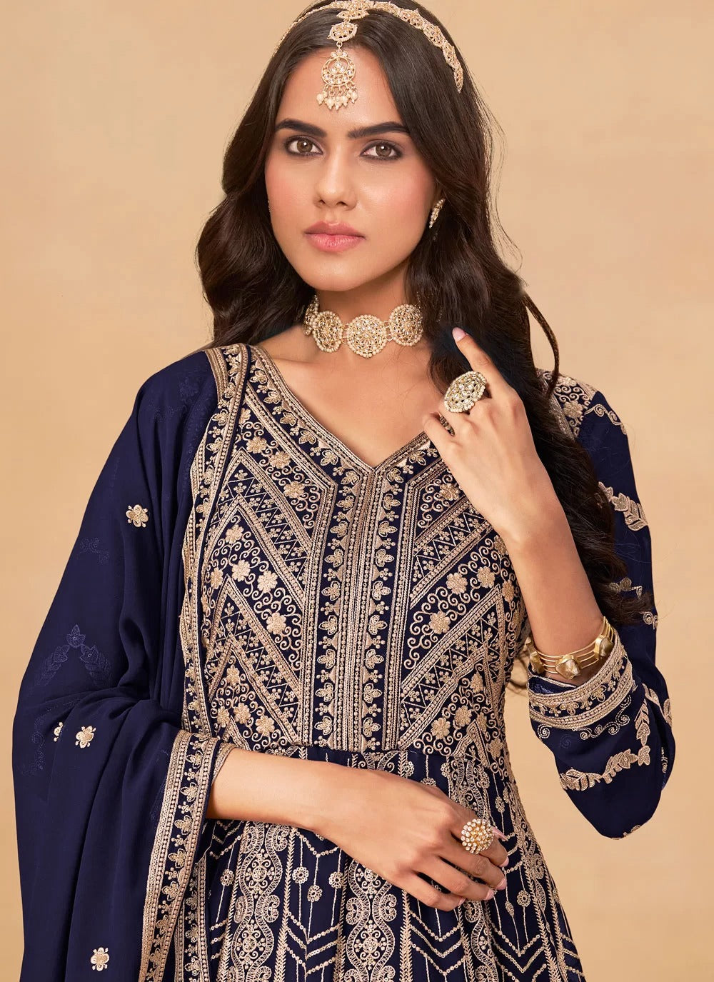 Blue abaya style anarkali suit in faux georgette with front and back embroidery work