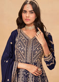 Blue abaya style anarkali suit in faux georgette with front and back embroidery work