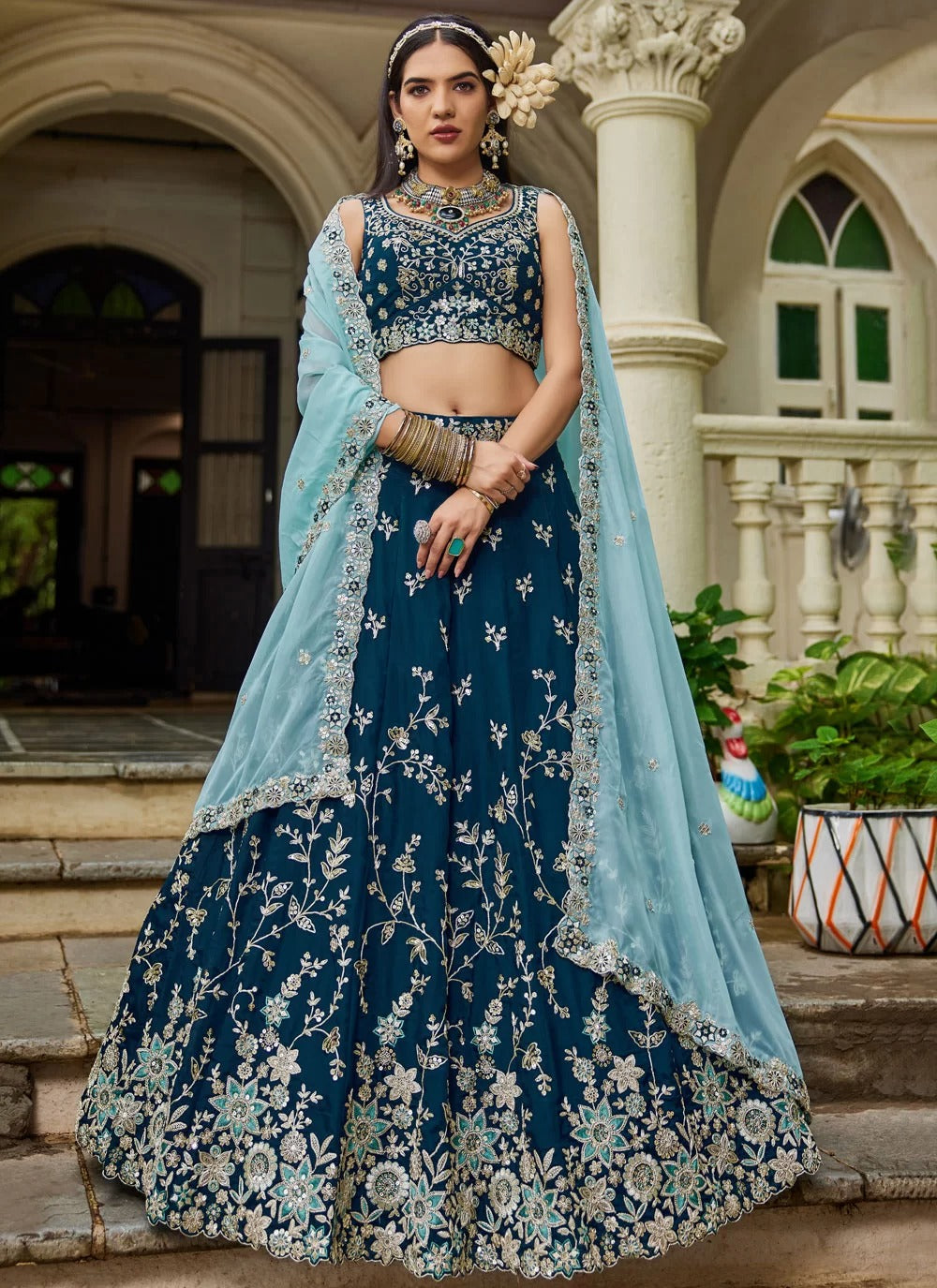 Navy Blue Organza Designer Lehenga | Sequins & Embroidery – Budget-Friendly Party Wear