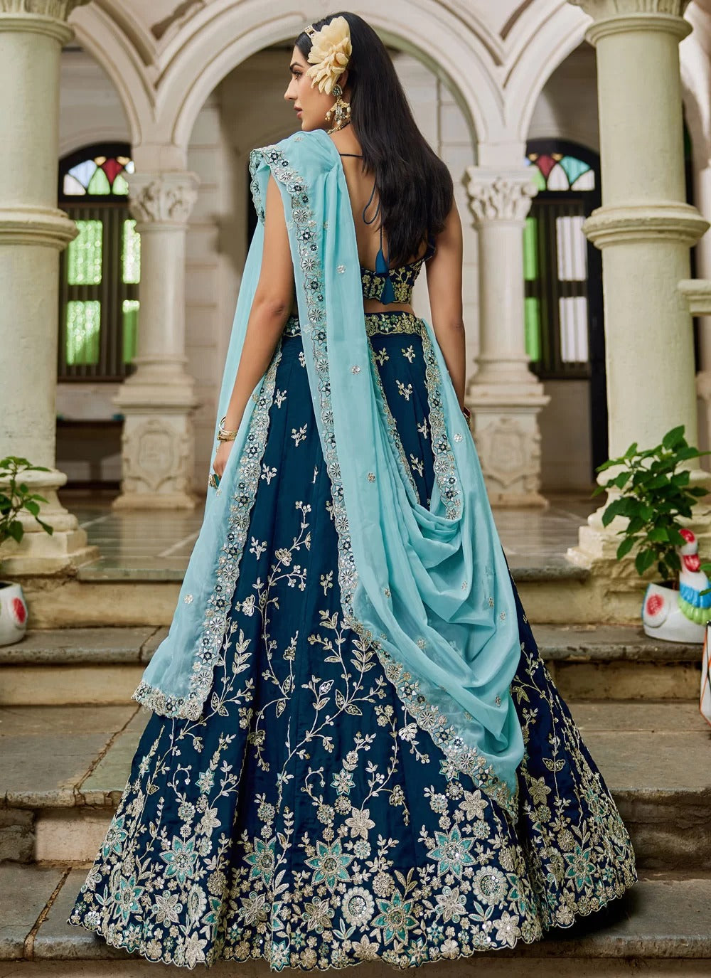 Navy blue organza lehenga with sequins, coding work, embroidery and cutwork border – budget friendly designer lehenga