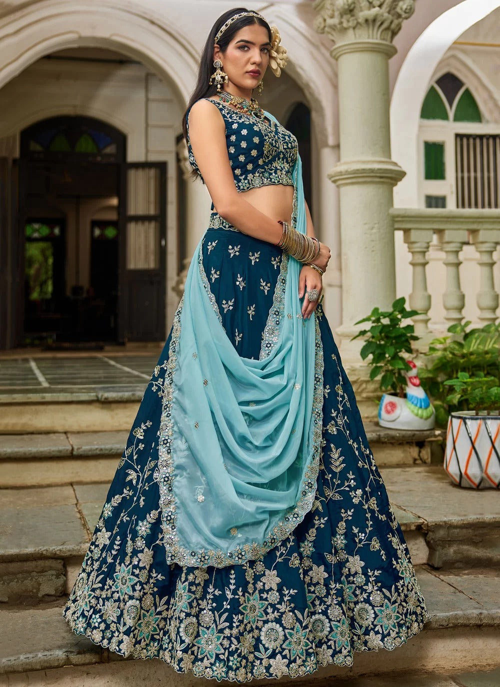 Navy Blue Lehenga, Organza Lehenga