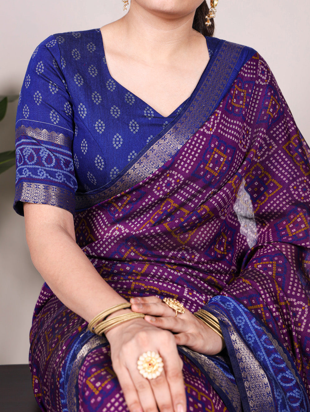 Bandhej saree with zari border in purple