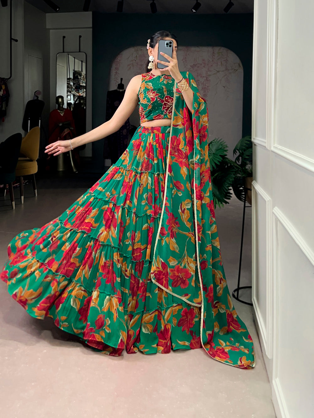 Green Color Floral Printed Marbel Chaniya Choli