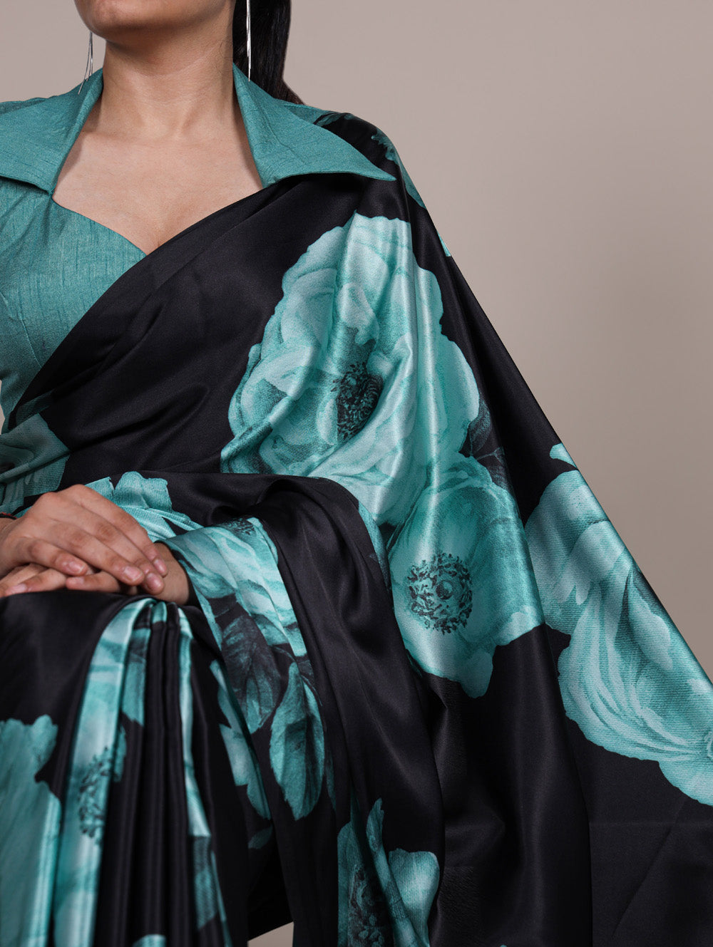 Satin silk saree with matching teal blouse