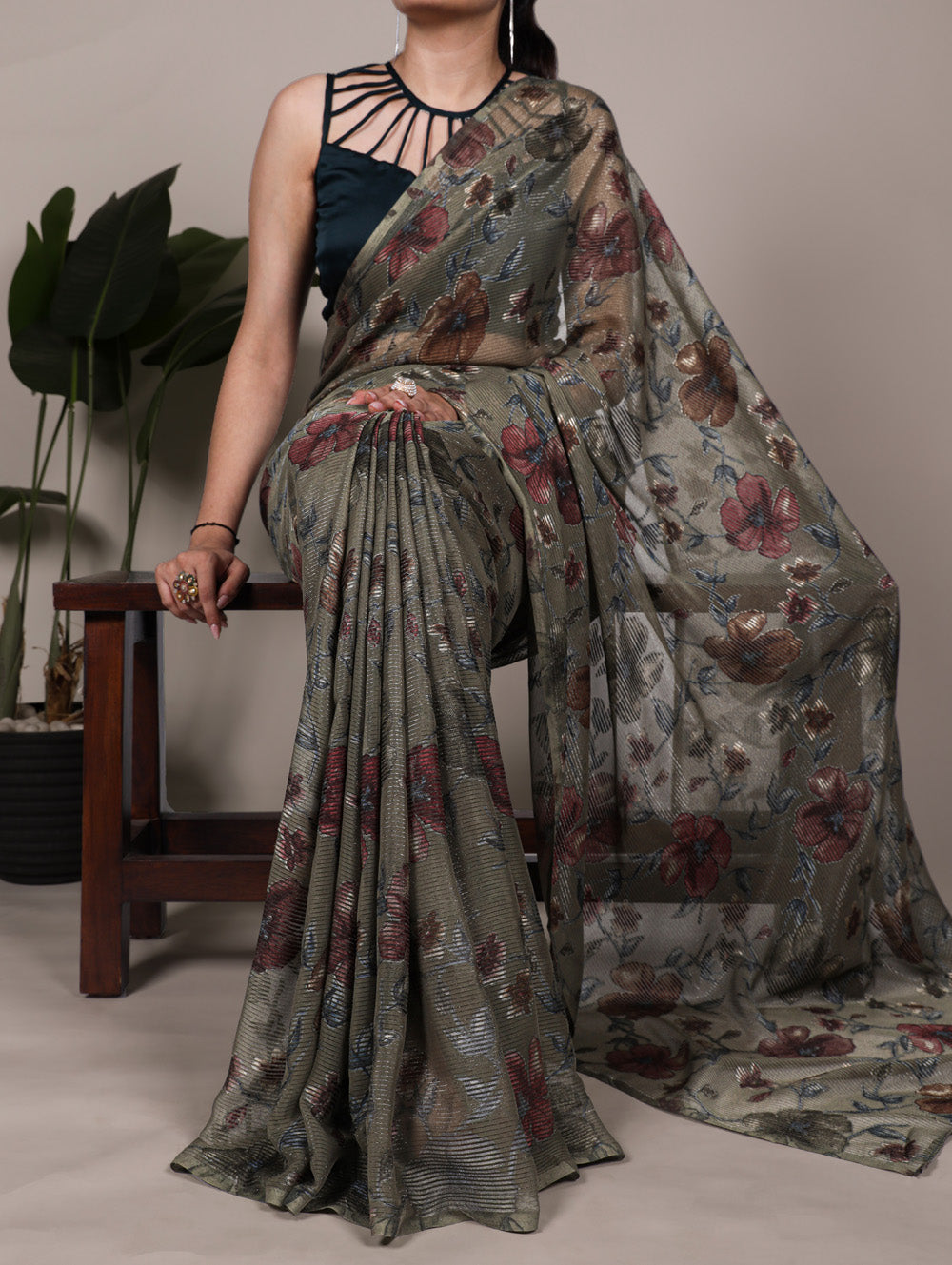 Floral brasso saree with natural silk blouse
