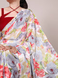 Floral print dull satin saree in grey