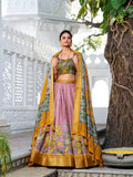 Onion Color Printed (Kalamkari) With Zari Weaving Border Jacquard Silk Lehenga Choli