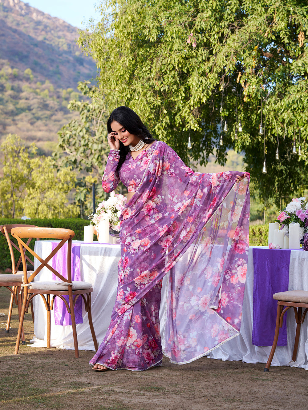 Printed marble saree in onion shade with blouse