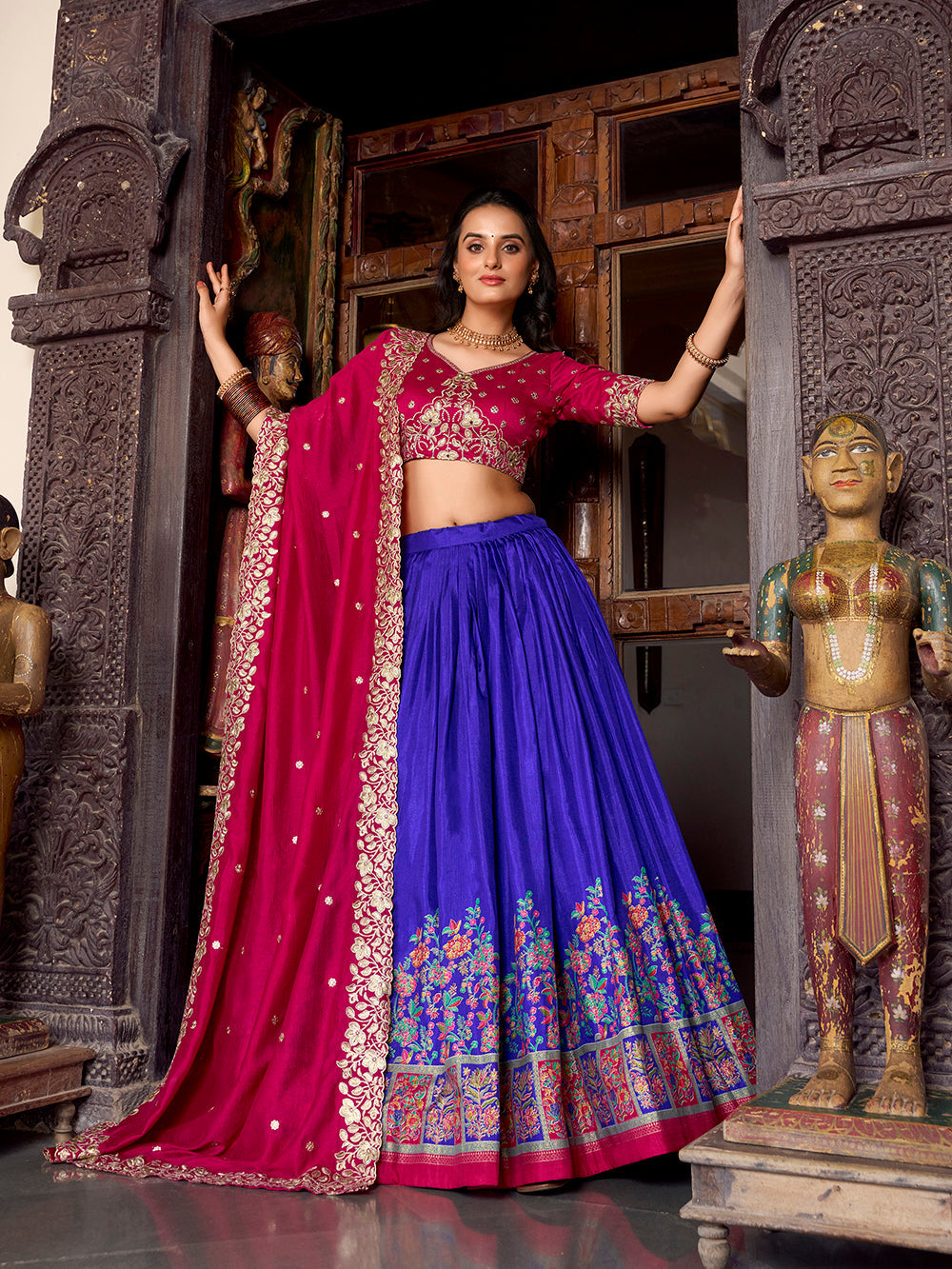 Royal blue Tasar silk lehenga with foil print