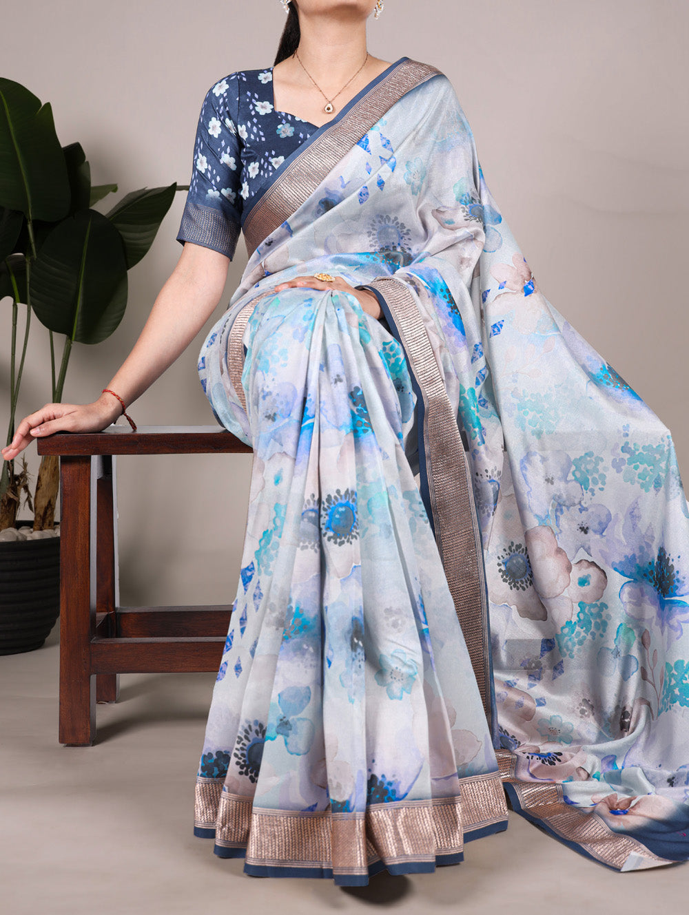 Sky blue tussar silk floral printed saree