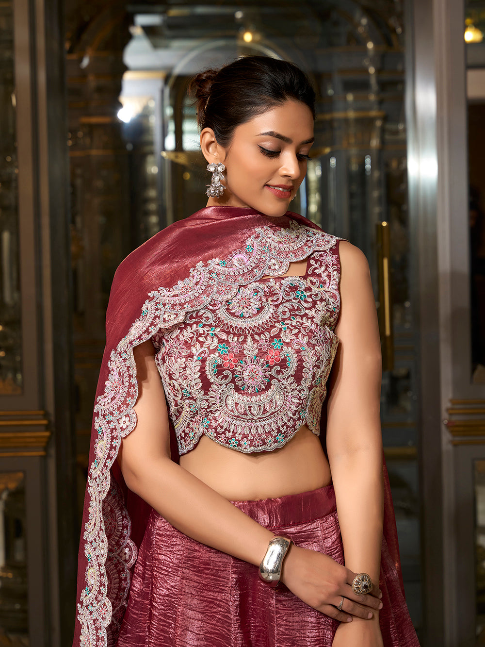 Crimson Color Sequins And Thread Embroidery Work Gold Crush Lehenga Choli