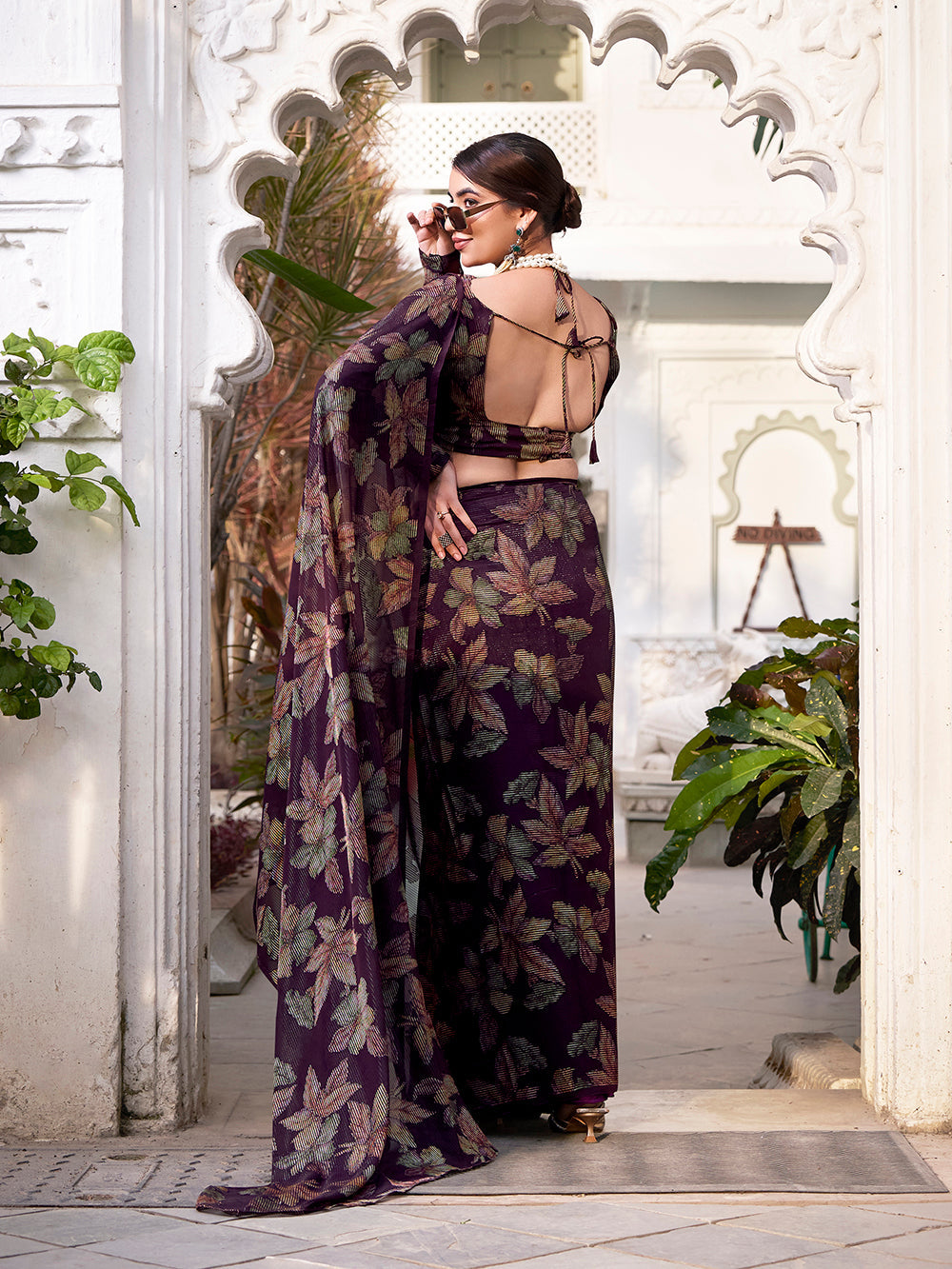 Party wear wine color lurex saree