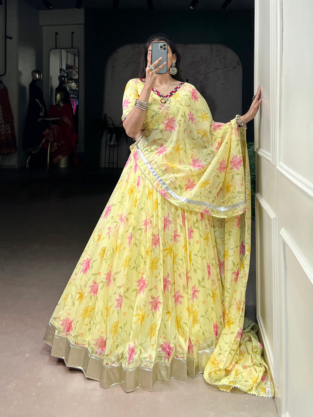 Yellow Tubby Silk Floral Printed Lehenga Choli