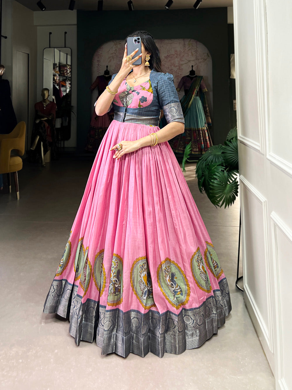 Pink Color Kalamkari Print With Zari Weaving Border Dola Silk Gown