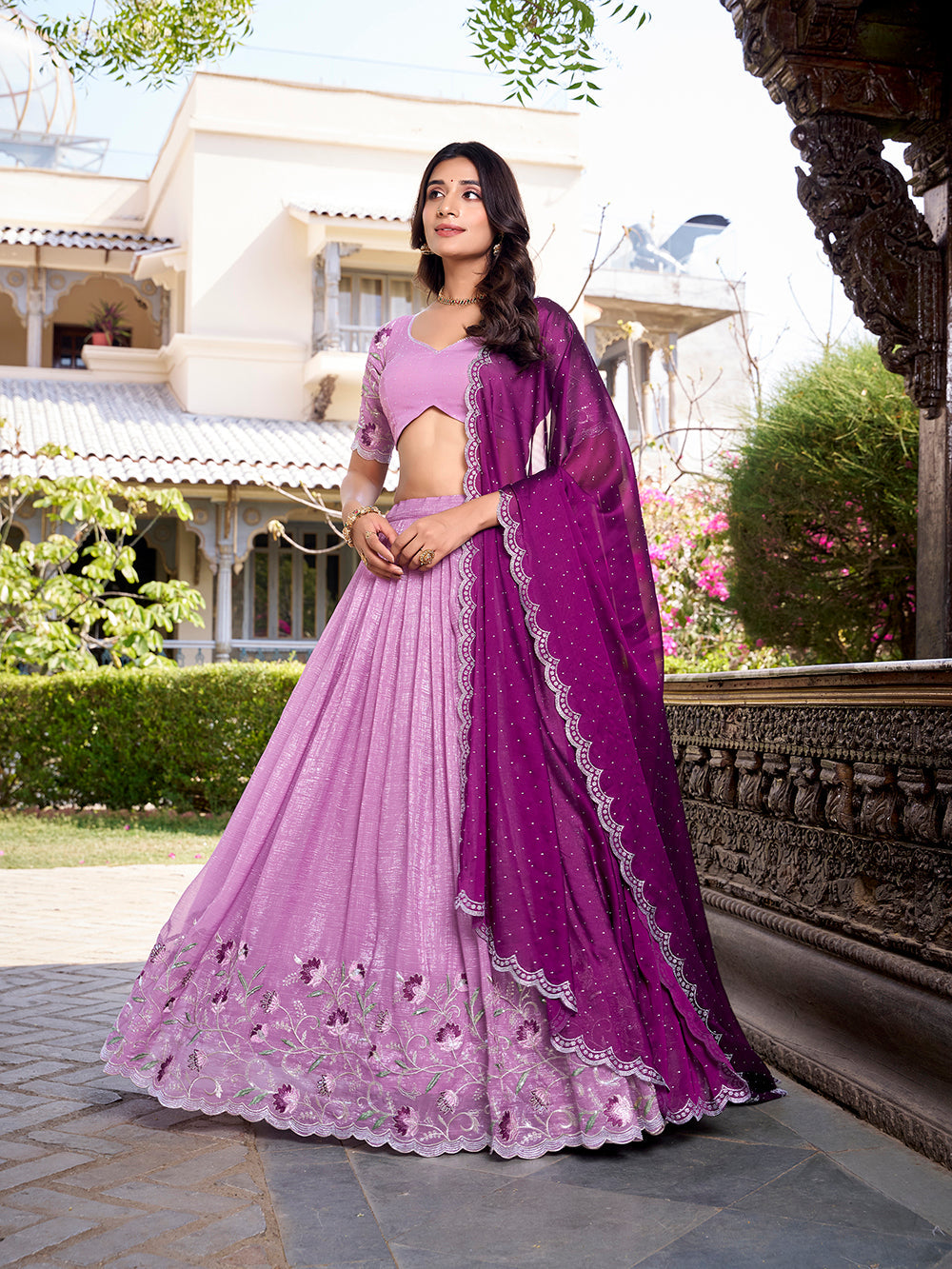 Lavender Color Sequins And Embroidery Work With Hotfix Silver Glossy Lehenga Choli