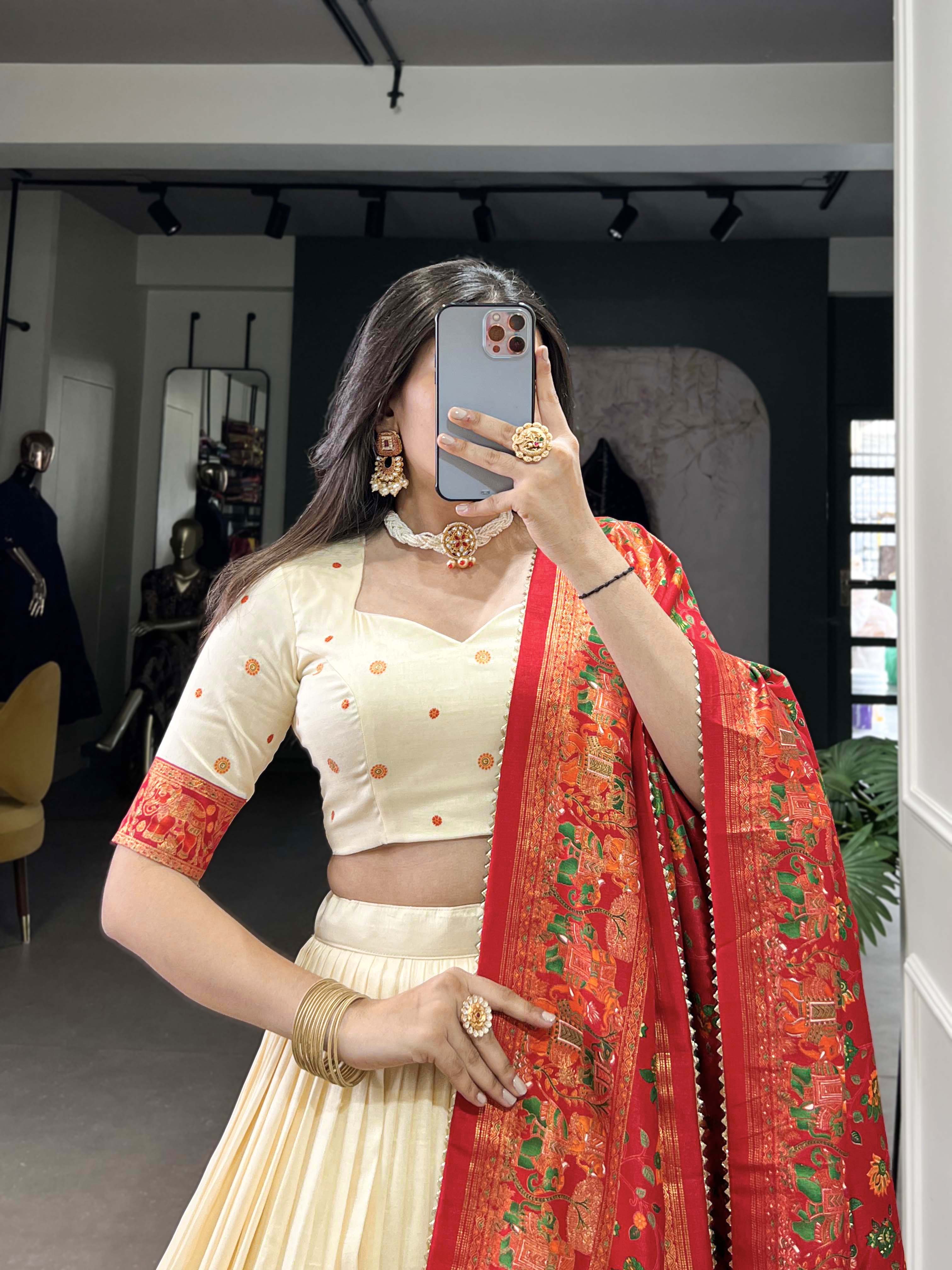 Off White Color Printed Foil Work Tussar Silk Lehenga Choli
