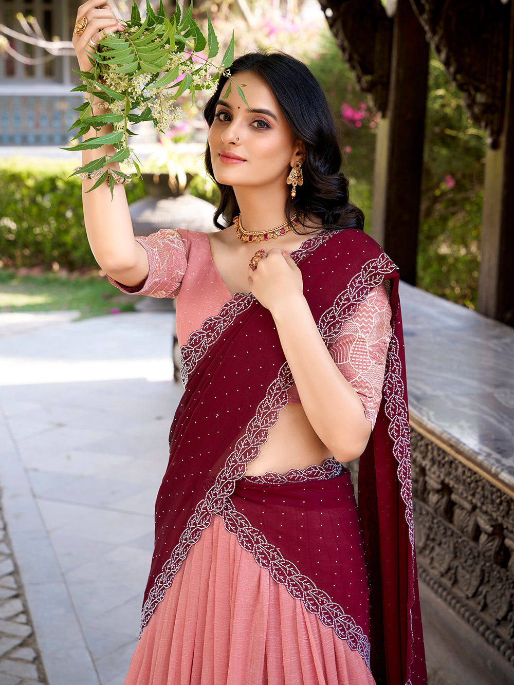 Peach Color Sequins And Embroidery Work With Hotfix Silver Glossy Lehenga Choli