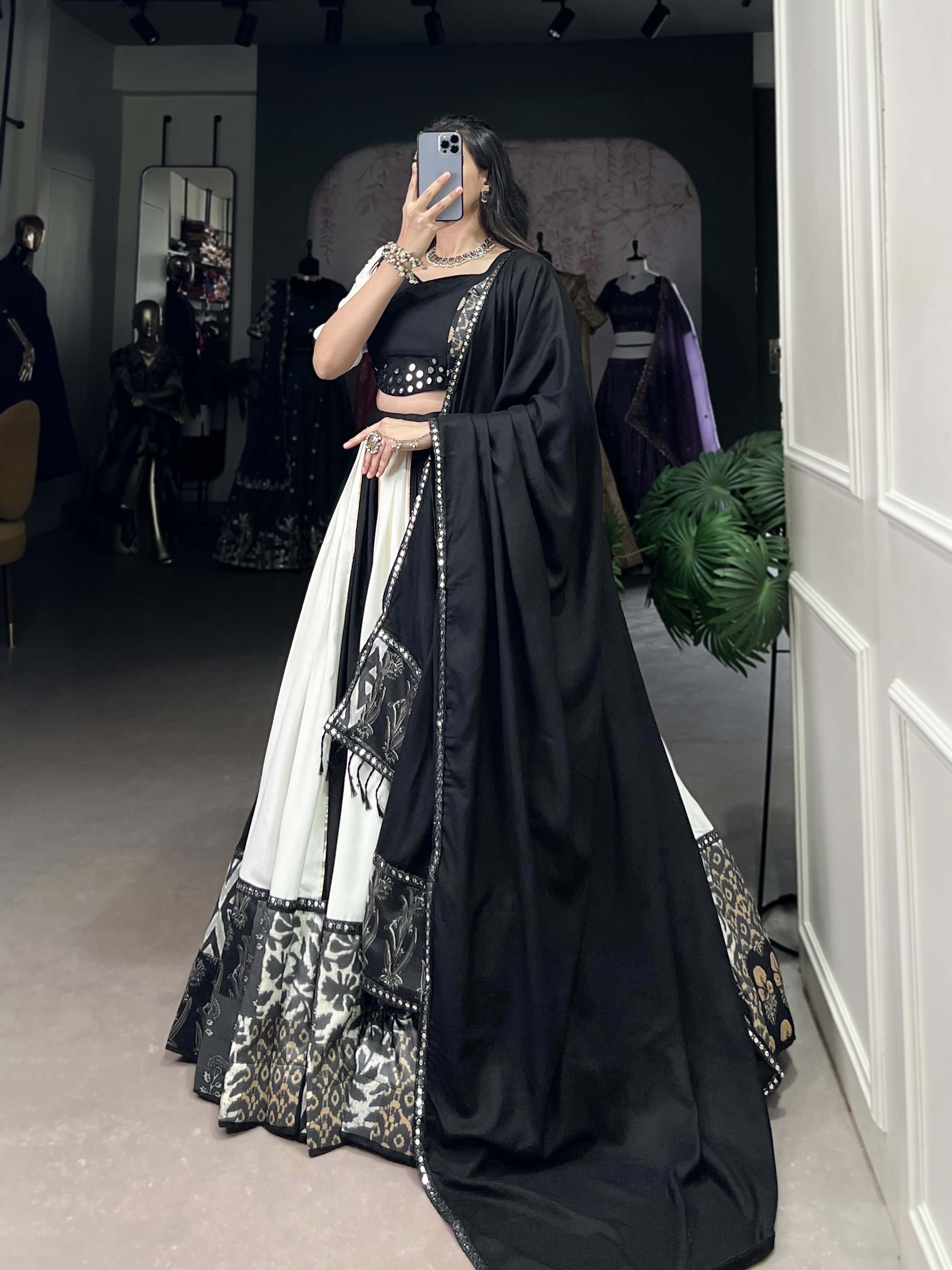 Black Color Plain And Printed With Paper Mirror Work Rayon Lehenga Choli