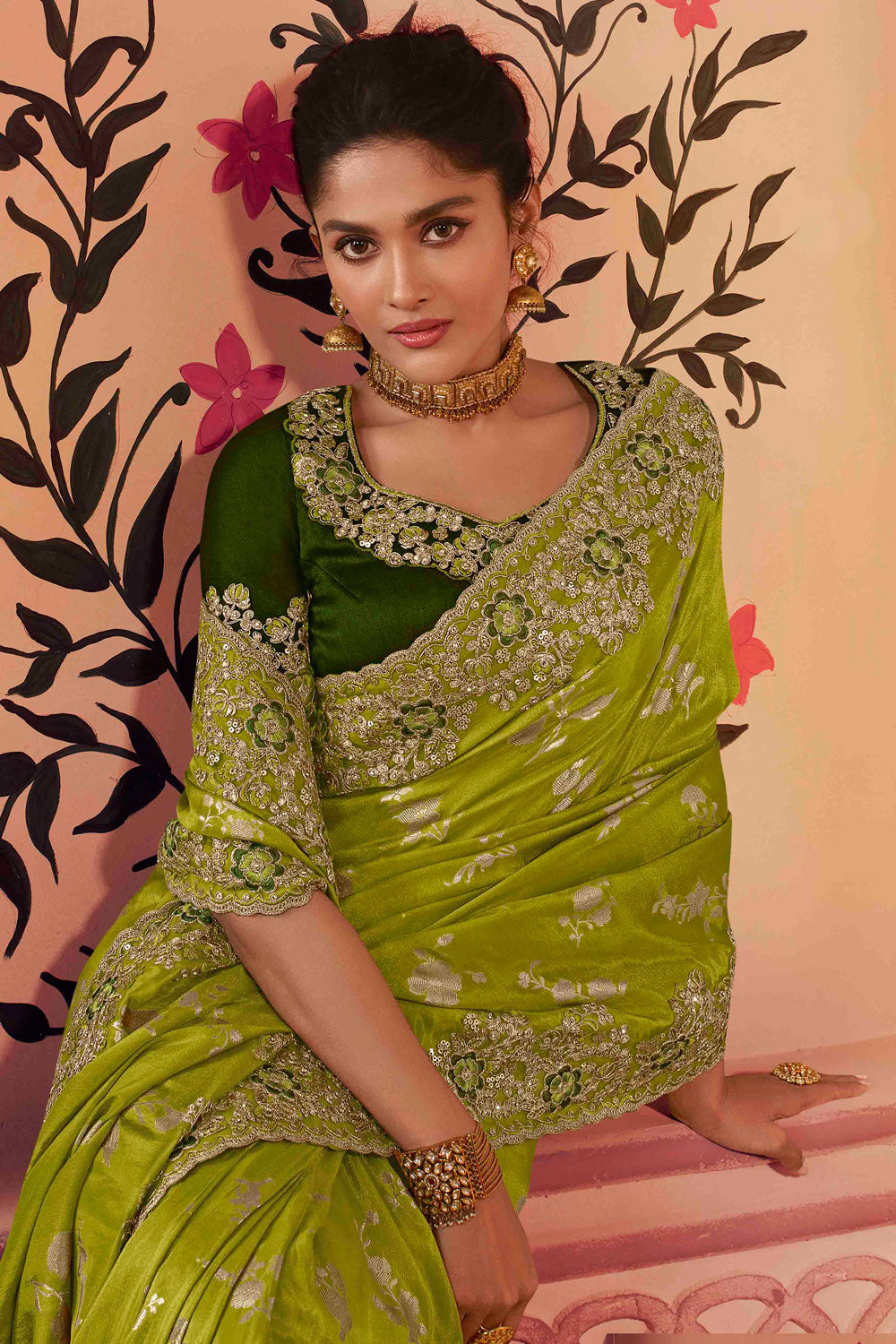 Indian Party Wear Heavy Stone and Sequins Embroidery Work Saree In Green