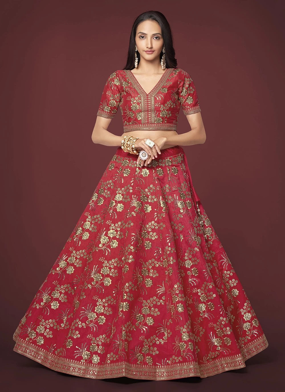 Indian Party wear silk sequins embroidered Lehenga In Red