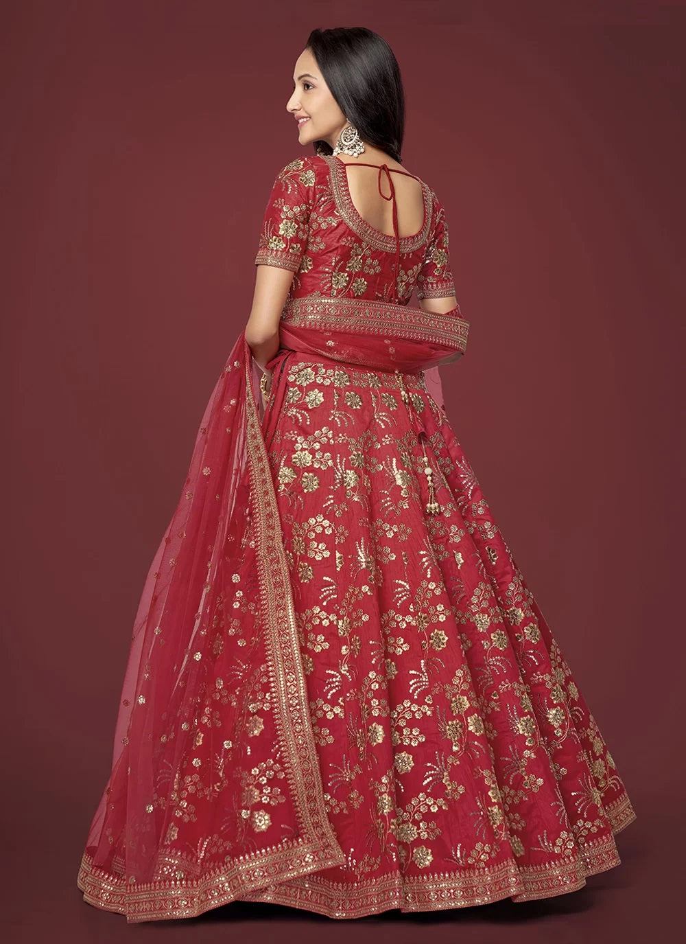 Indian Party wear silk sequins embroidered Lehenga In Red