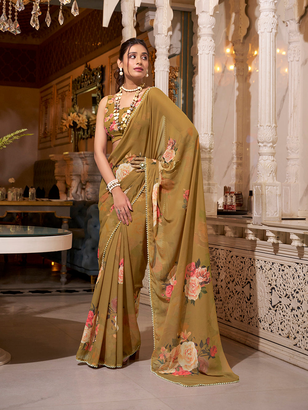Printed georgette saree with zari border