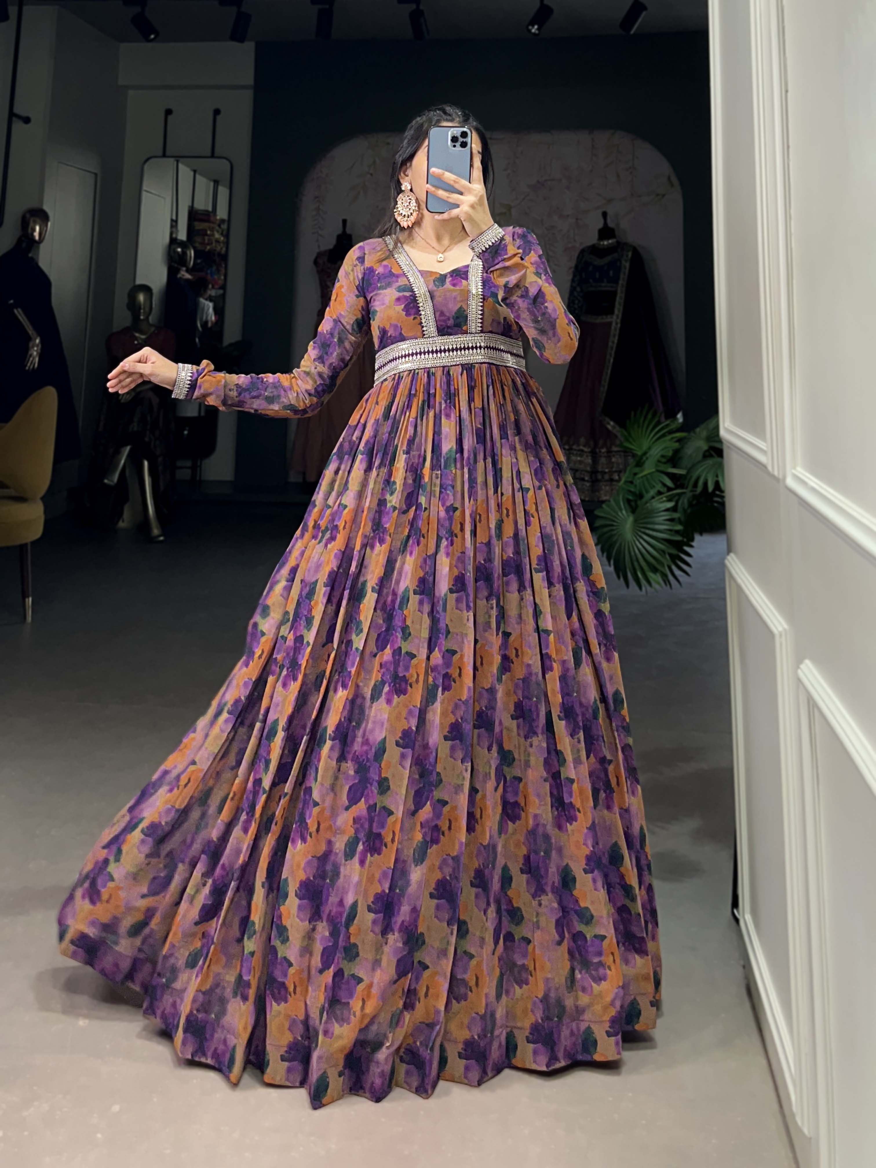 Purple Color Floral Print With Lace Border Georgette Gown