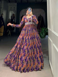 Purple Color Floral Print With Lace Border Georgette Gown