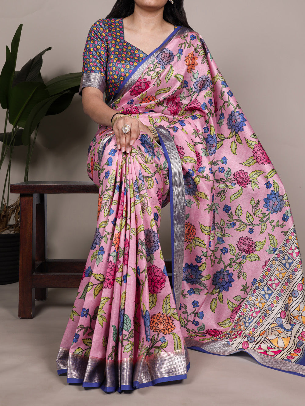 Light pink floral printed Tasar silk saree