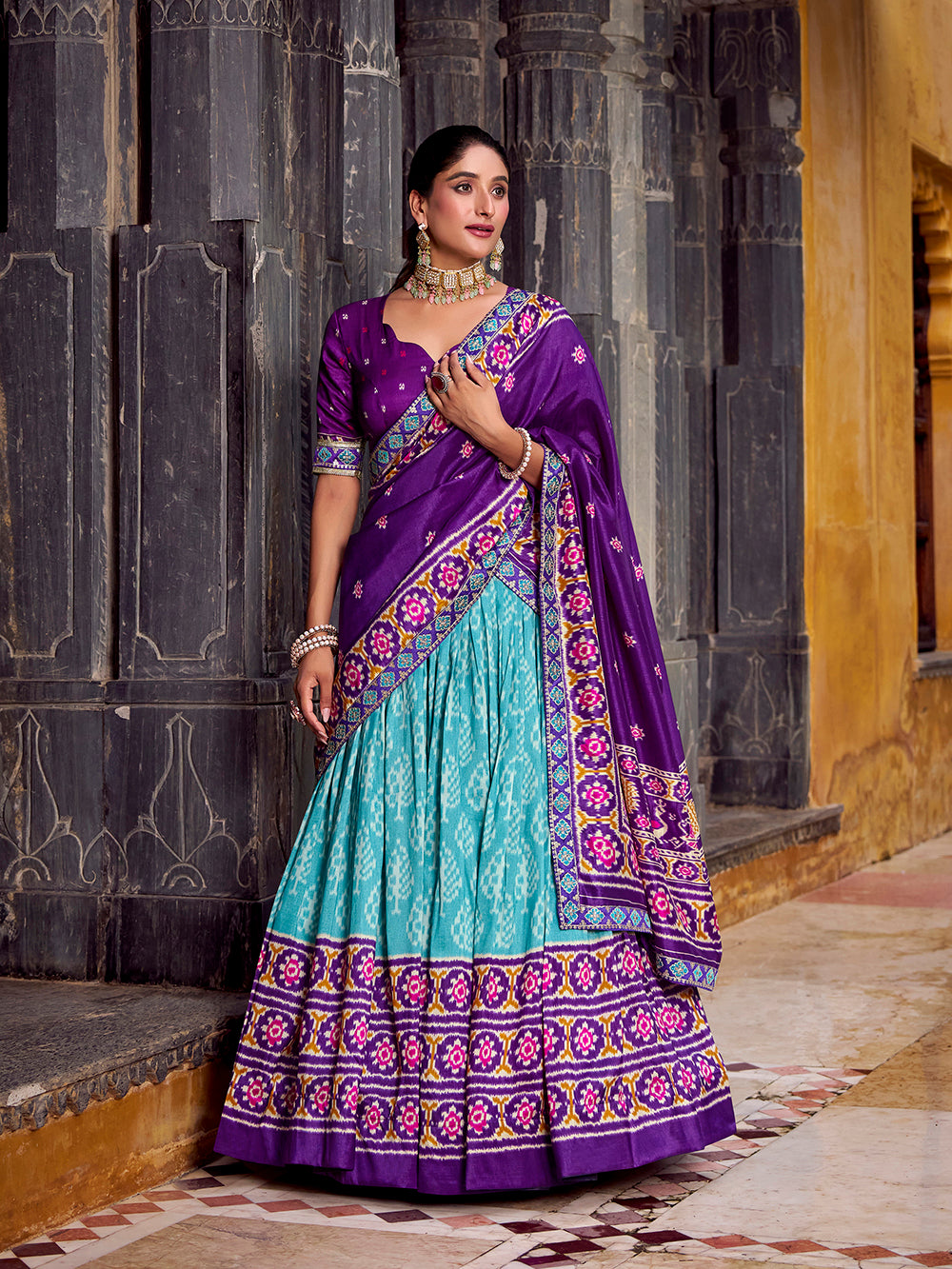 Sky Blue Color Ikkat Patola Printed Tasar Silk Lehenga Choli