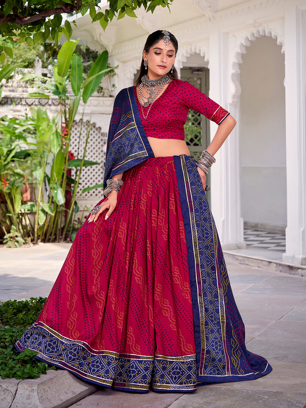 Pink bandhej lehenga with gotta patti lace