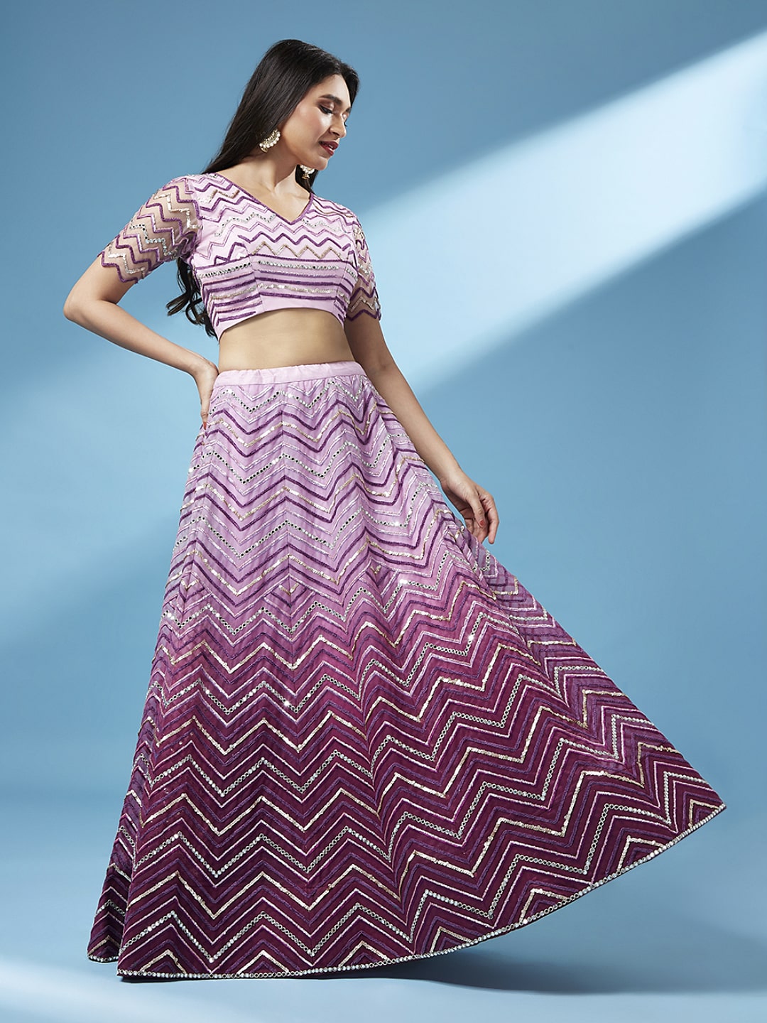 Indian Wedding Style Zig zag Sequin Work Lehenga Choli In Net