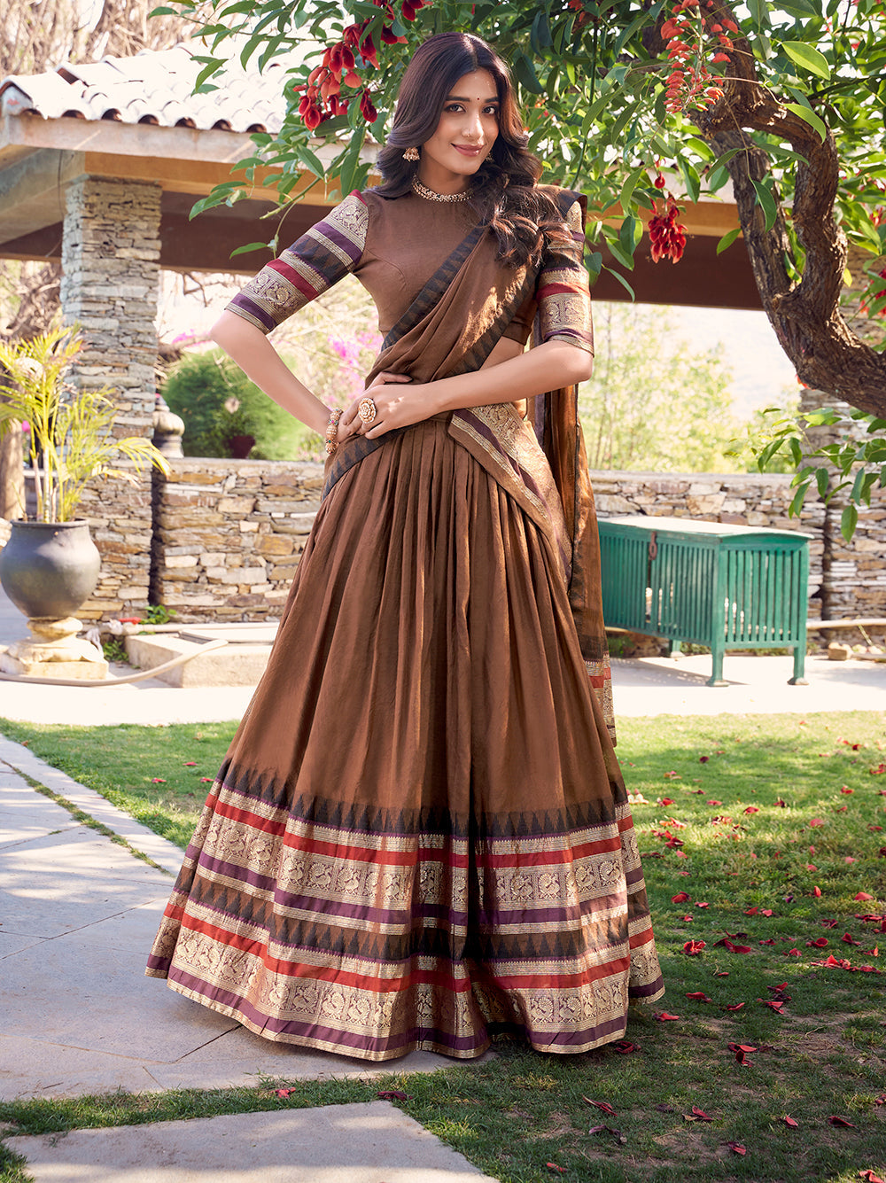 Brown Color Plain With Zari Weaving Work Chanderi Silk Lehenga Choli