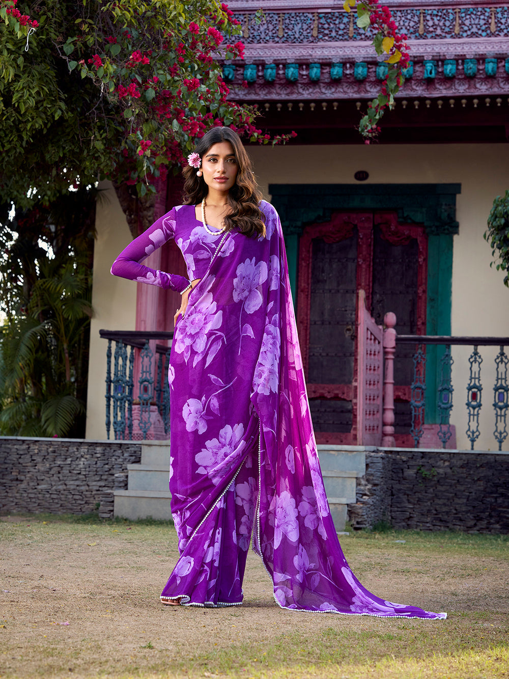 Lightweight purple chiffon saree for women