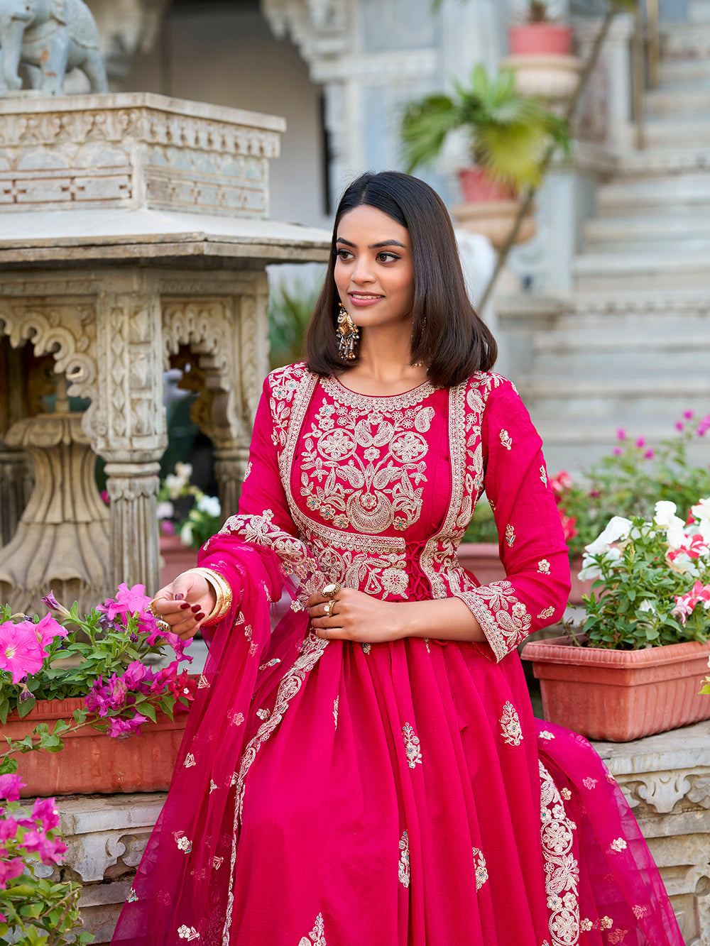 Pink Color Sequins And Thread Embroidery Work With Lace Border Vichitra Silk Gown