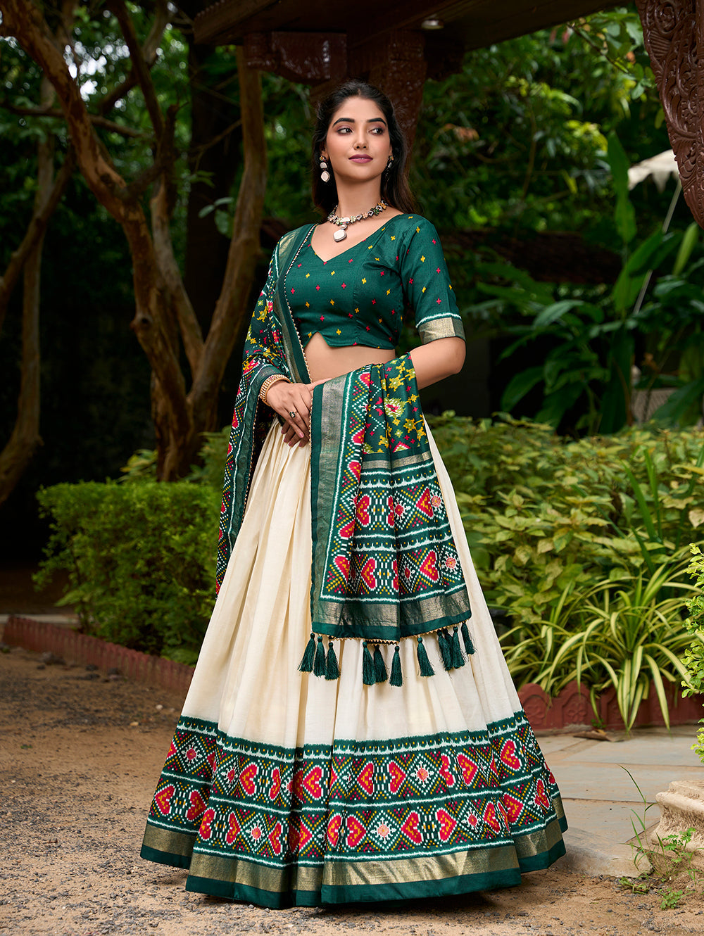 Green Color Patola Print With Tussar Silk Lehenga Choli