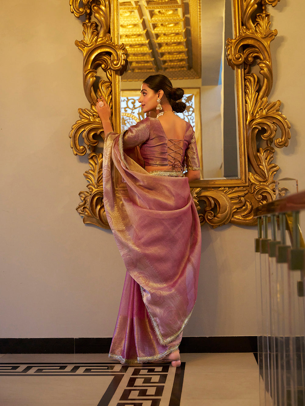 Tissue shimmer saree with sky blue blouse