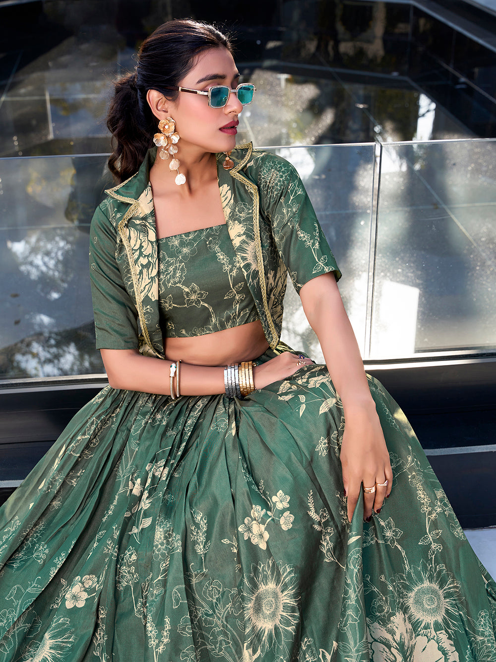 Bottle Green Floral Print Tussar Silk Co-ord Set lehenga Choli