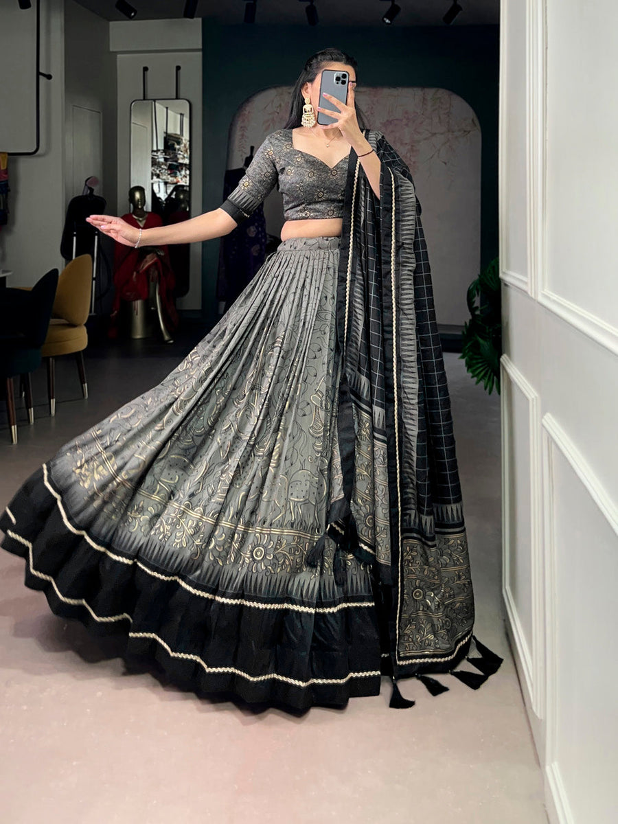 gray tasar silk kalamkari lehenga choli
