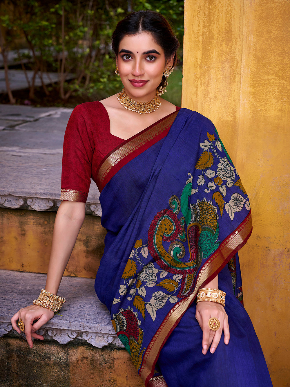 Blue chanderi saree with blouse piece